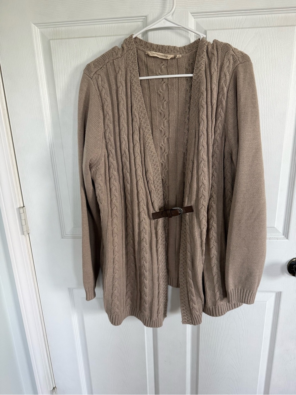Soft Surroundings Cable Knit Fisherman Cardigan XL Tan Western Cottagecore Wool
